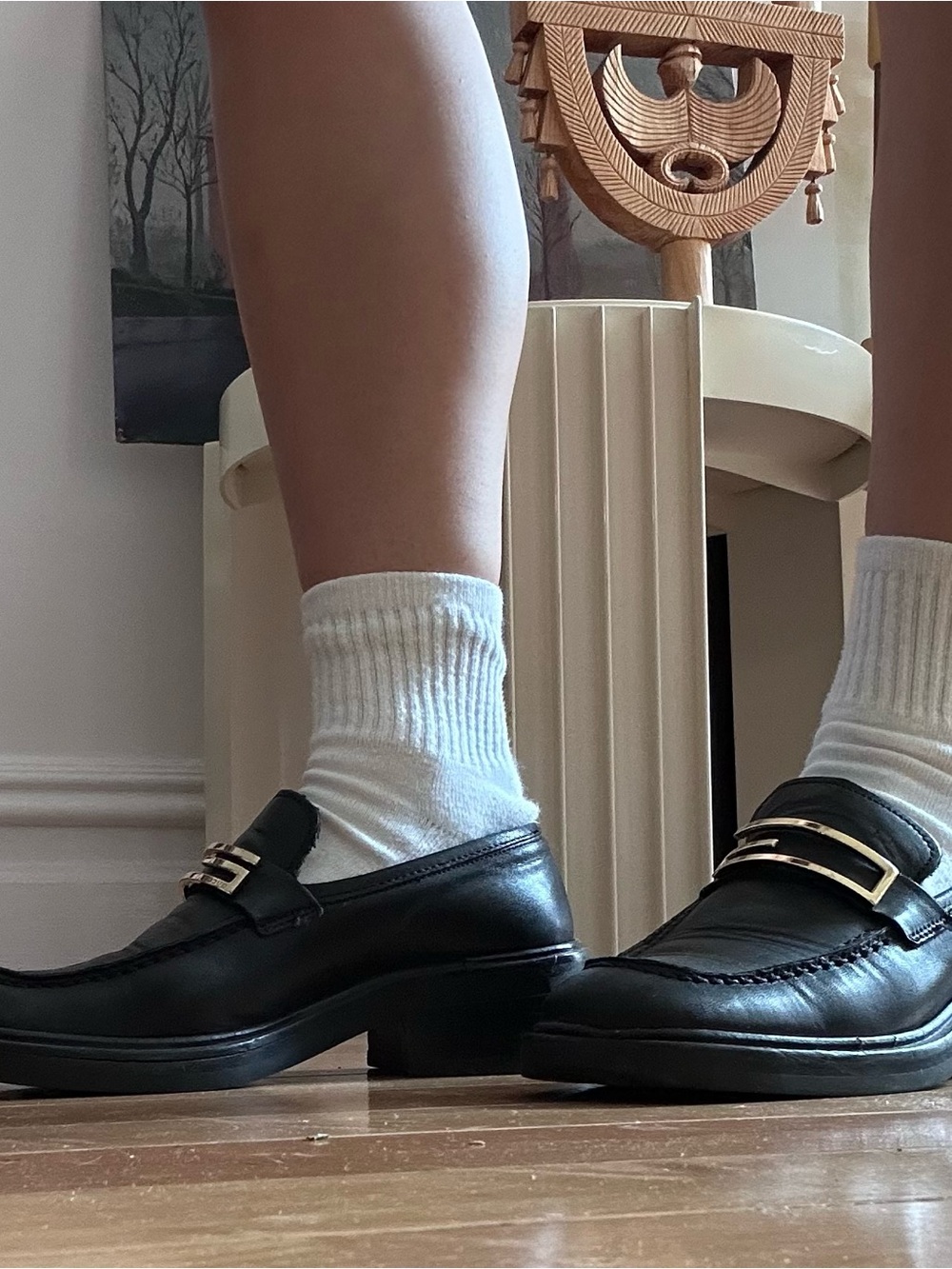 Gucci Black Leather Women's Loafers with Gold Logo